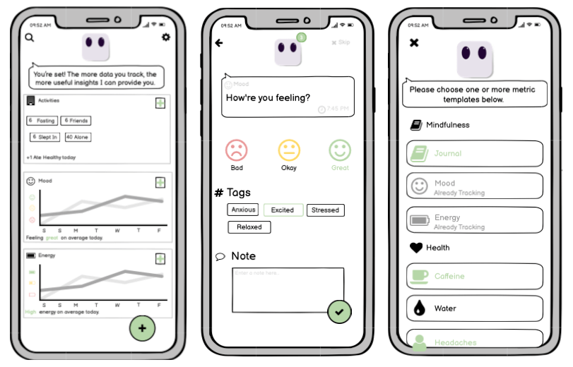 Wellness app wireframes made using Balsamiq